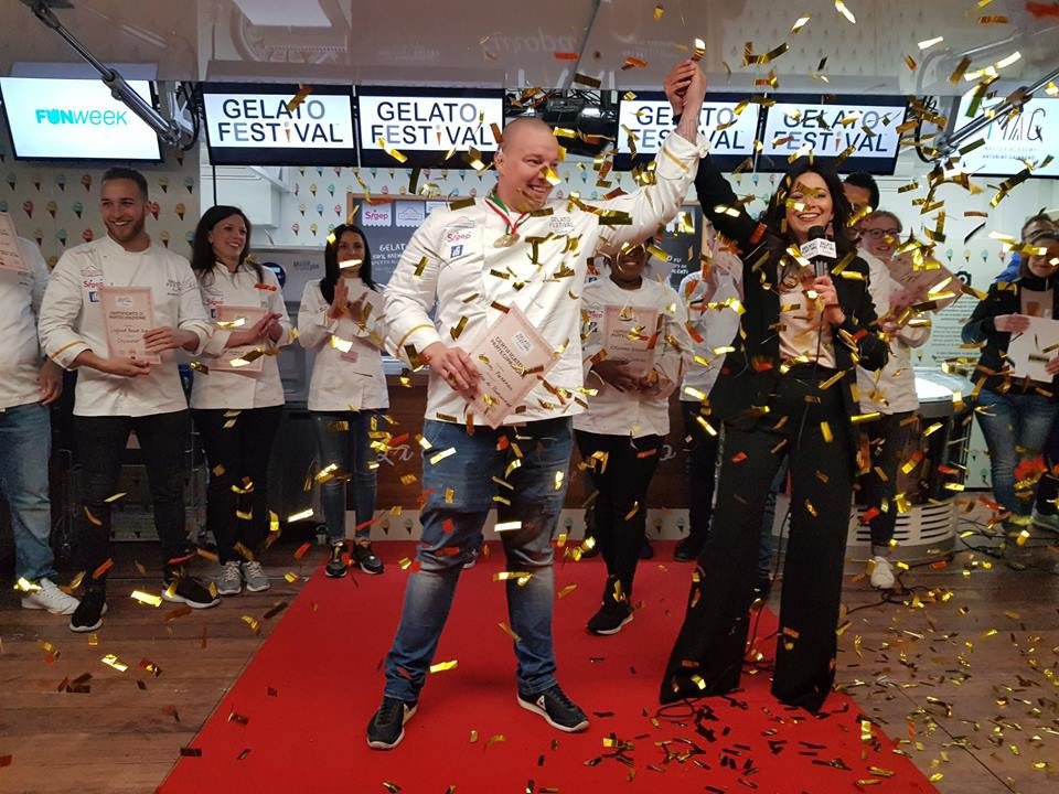 Adam Fazekas with his winning Pistachio Fruit gelato from Fazeks Cukr&aacute;szda, Budapest