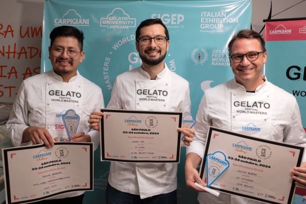 The three winners of the first day of the Gelato Festival World Masters challenge in São Paulo, 23 October