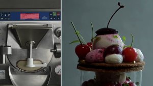 Carpigiani Maestro HE batch freezer beside a cherry Parfait Bijou