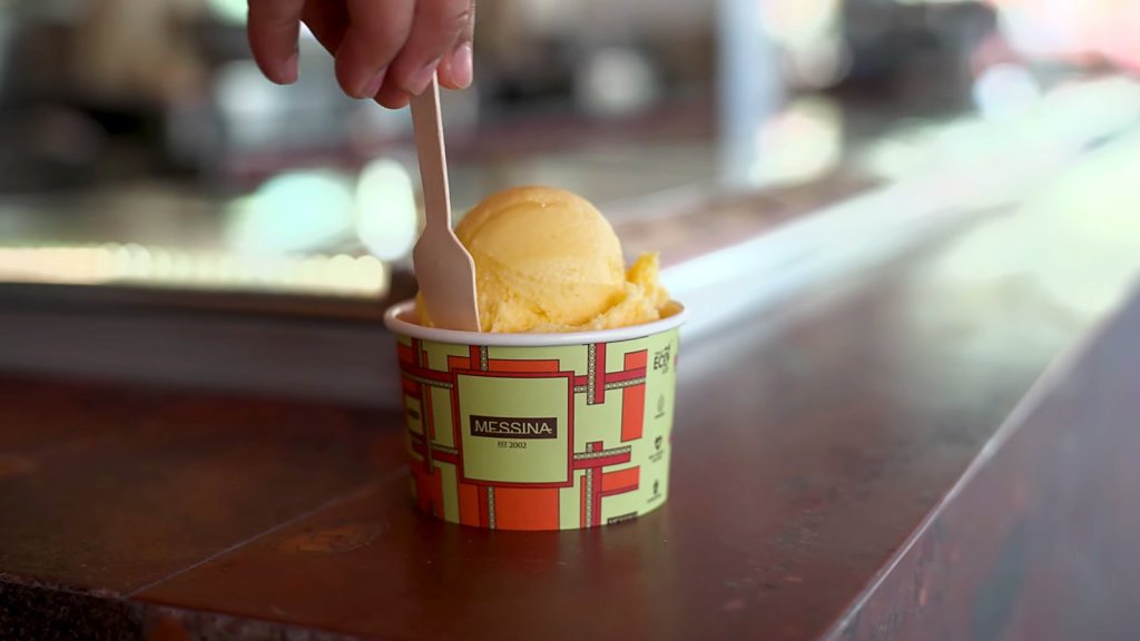 Cup of Gelato Messina gelato with a wooden spoon