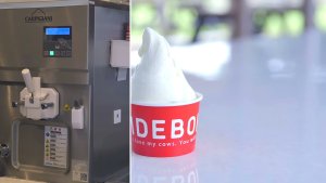Carpigiani soft serve machine beside a cup of Ideboku farm soft serve