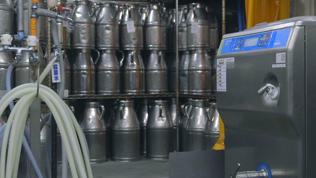 Racks of milk cans beside a Carpigiani Pastomaster pasteuriser