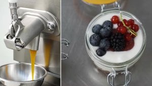 Caramel pouring from the Lab-O-Chef 5 tap beside a berry-topped jar dessert