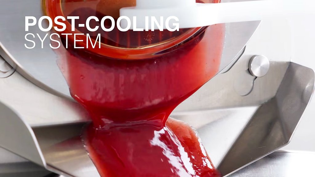 Red sorbet extruding with the post-cooling title