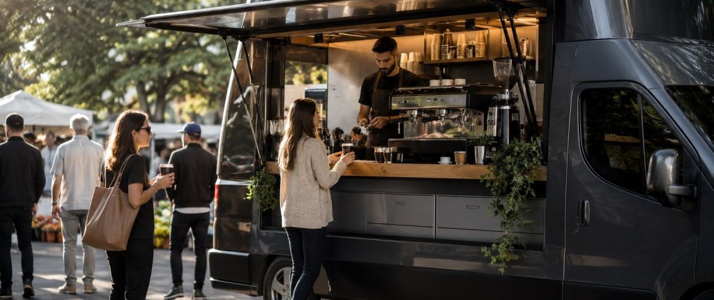 Coffee and food van serving customers on battery power