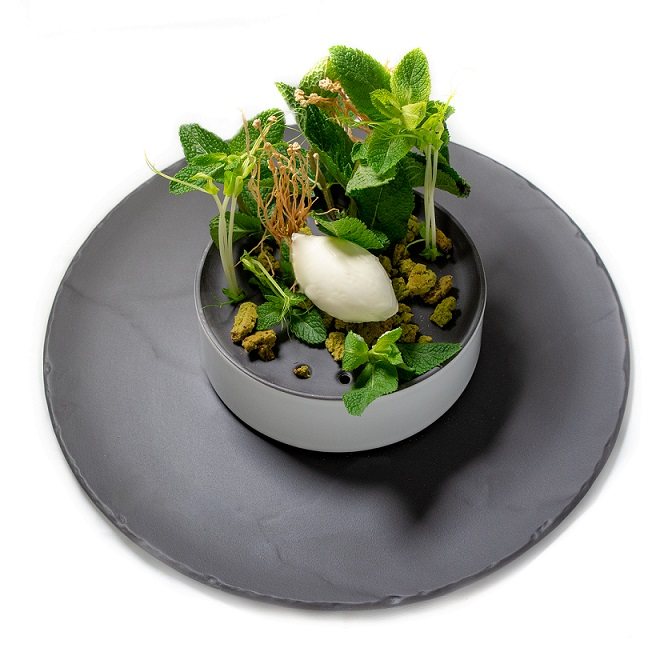 Gelato dessert plated for a fine-dining menu