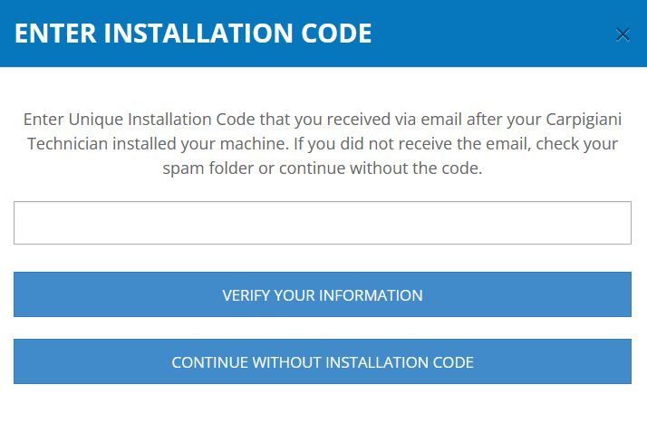 Installation code entry screen in the machine registration form