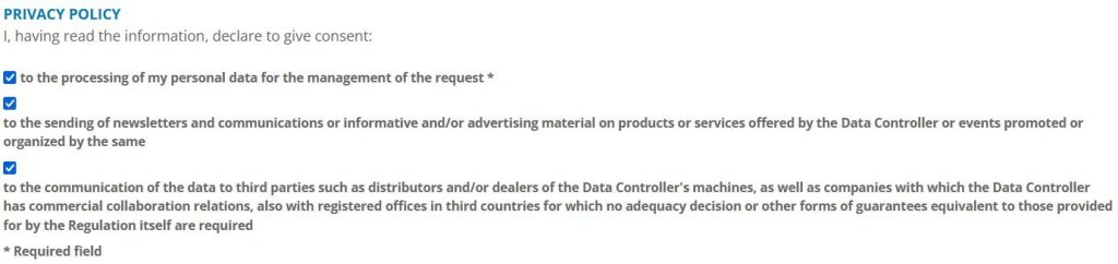Privacy policy consent checkboxes in the registration form