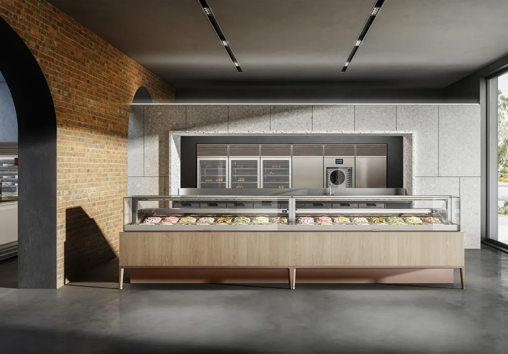 ISA Pentagram Display gelato display cabinet installed in a store
