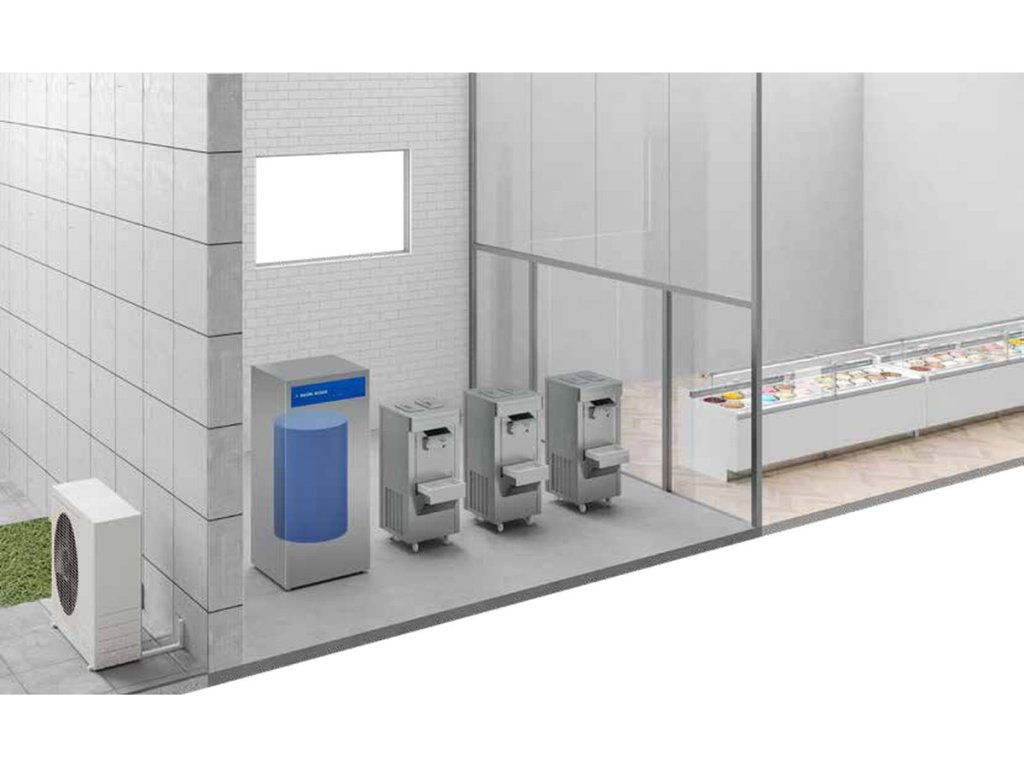 Salvalacqua SLQ water economiser with outdoor chiller cooling three gelato machines and a display cabinet