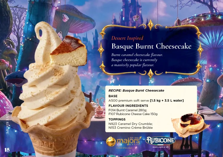 Basque Burnt Cheesecake: soft serve recipe idea, Dessert inspired, from the Majors Group Frozen Dessert Wonderland 2026 booklet