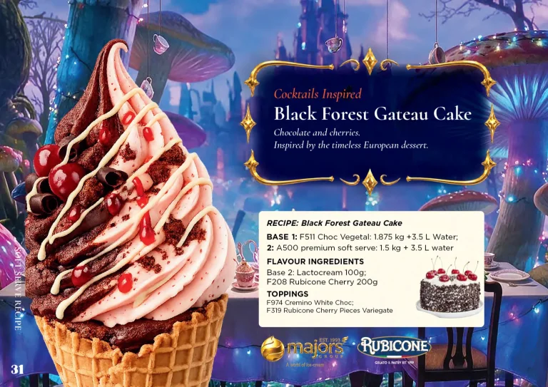 Black Forest Gateau Cake: soft serve recipe idea, Drinks & cocktails inspired, from the Majors Group Frozen Dessert Wonderland 2026 booklet