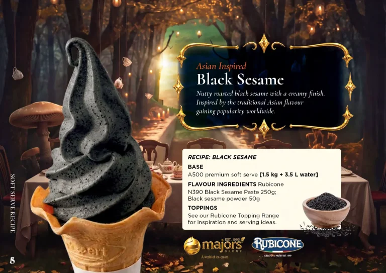 Black Sesame: soft serve recipe idea, Asian & Japanese inspired, from the Majors Group Frozen Dessert Wonderland 2026 booklet