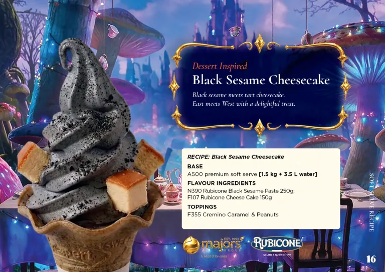 Black Sesame Cheesecake: soft serve recipe idea, Dessert inspired, from the Majors Group Frozen Dessert Wonderland 2026 booklet
