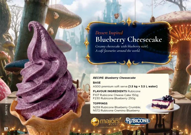 Blueberry Cheesecake: soft serve recipe idea, Dessert inspired, from the Majors Group Frozen Dessert Wonderland 2026 booklet