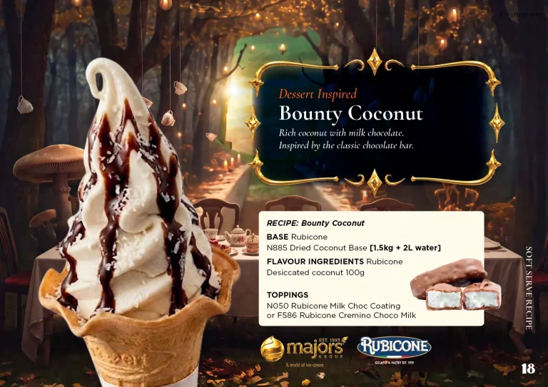 Bounty Coconut: soft serve recipe idea, Dessert inspired, from the Majors Group Frozen Dessert Wonderland 2026 booklet