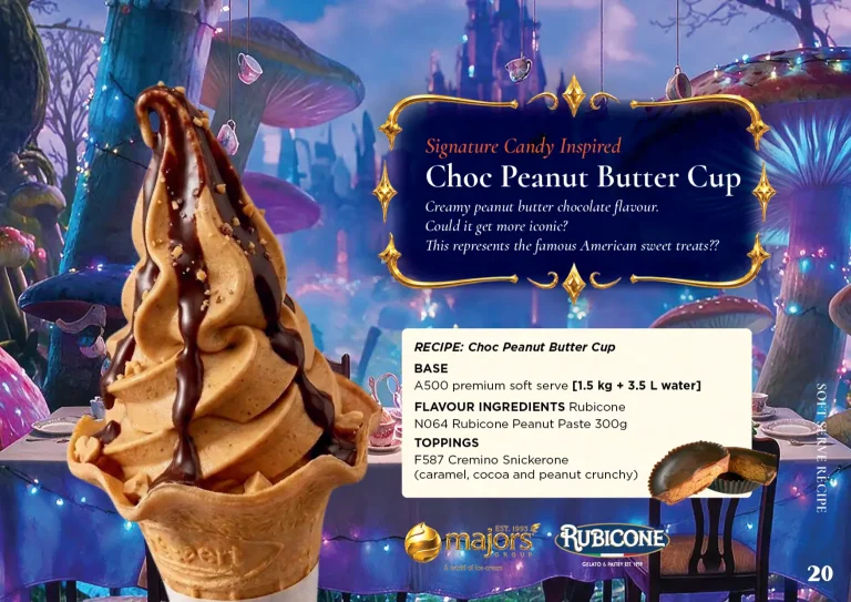 Choc Peanut Butter Cup: soft serve recipe idea, Dessert inspired, from the Majors Group Frozen Dessert Wonderland 2026 booklet