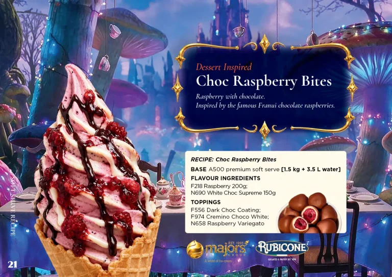 Choc Raspberry Bites: soft serve recipe idea, Dessert inspired, from the Majors Group Frozen Dessert Wonderland 2026 booklet