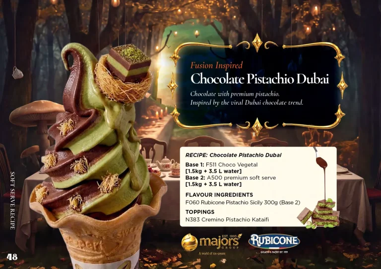 Chocolate Pistachio Dubai: soft serve recipe idea, Fusion & superfood inspired, from the Majors Group Frozen Dessert Wonderland 2026 booklet