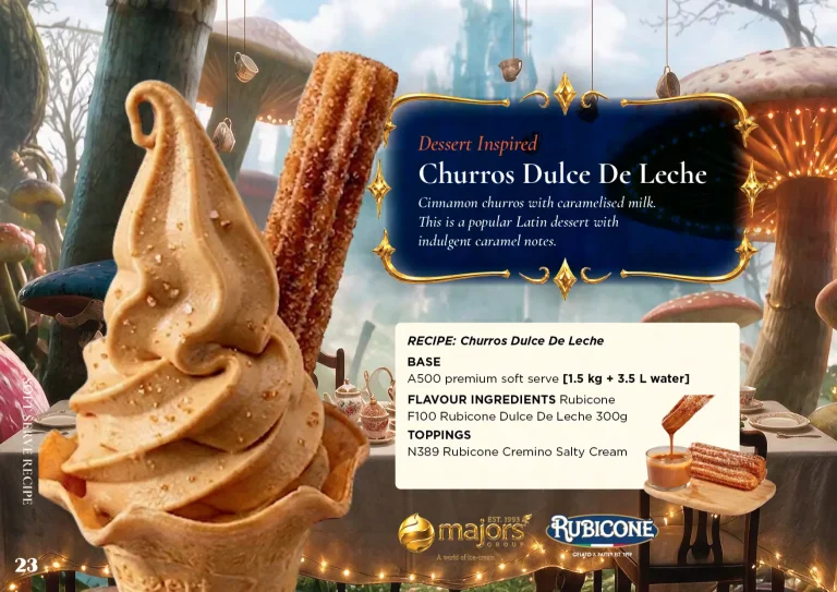 Churros Dulce de Leche: soft serve recipe idea, Dessert inspired, from the Majors Group Frozen Dessert Wonderland 2026 booklet