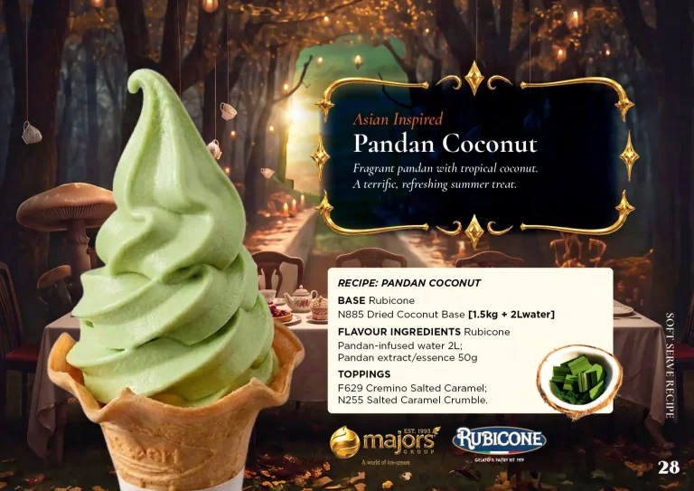 Pandan Coconut: soft serve recipe idea, Dessert inspired, from the Majors Group Frozen Dessert Wonderland 2026 booklet