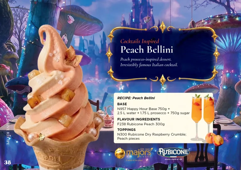 Peach Bellini: soft serve recipe idea, Drinks & cocktails inspired, from the Majors Group Frozen Dessert Wonderland 2026 booklet