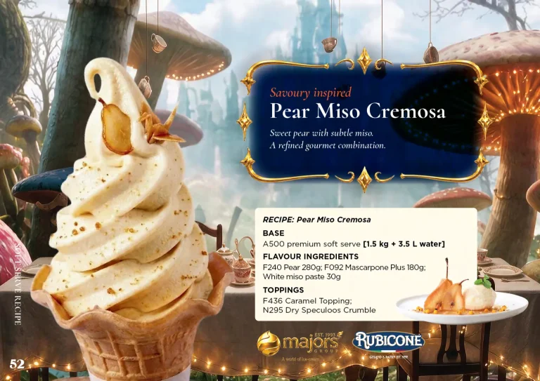Pear Miso Cremosa: soft serve recipe idea, Savoury inspired, from the Majors Group Frozen Dessert Wonderland 2026 booklet