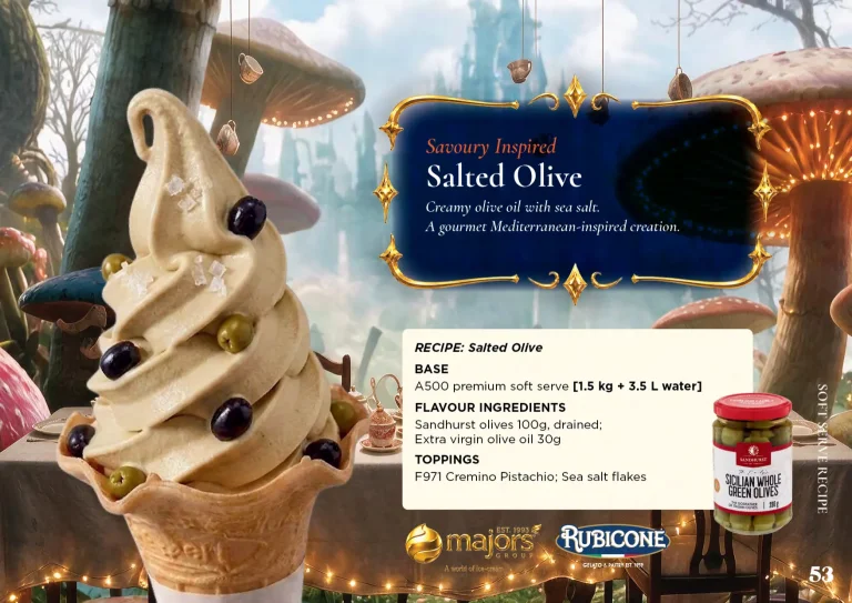 Salted Olive: soft serve recipe idea, Savoury inspired, from the Majors Group Frozen Dessert Wonderland 2026 booklet