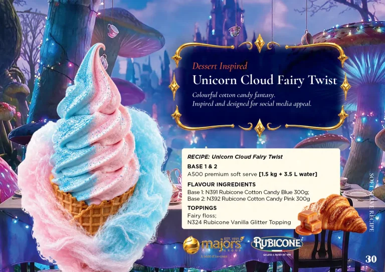 Unicorn Cloud Fairy Twist: soft serve recipe idea, Dessert inspired, from the Majors Group Frozen Dessert Wonderland 2026 booklet