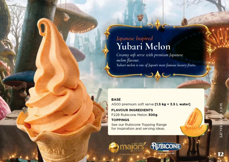 Yubari Melon: soft serve recipe idea, Asian & Japanese inspired, from the Majors Group Frozen Dessert Wonderland 2026 booklet