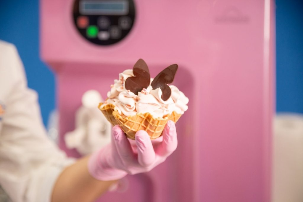 Spring soft serve served from a pink Carpigiani machine