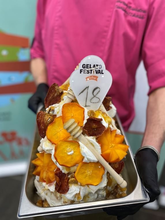 Sweet and Happines Greek yoghurt gelato with persimmon and honey almonds